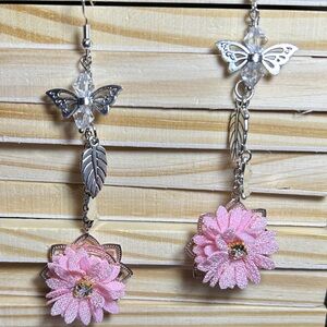 3/$25 Pink Floral Drop Earrings with Butterfly and Leaf Accents
